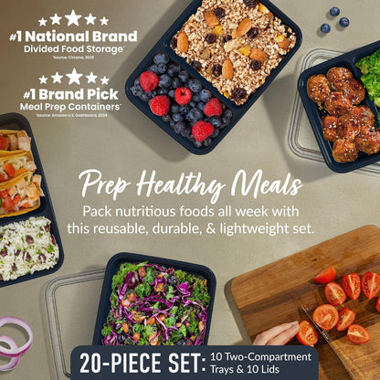 Bentgo Prep - 20-Piece 2-Compartment Reusable Meal Prep Containers with Lids, PFAS & BPA Free Materials, Durable, Microwave, Freezer, & Dishwasher Safe To Go Food Storage (Rose Gold)