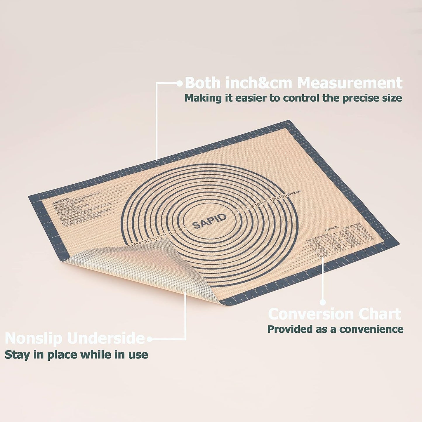 Sapid Extra Thick Silicone Pastry Mat Non-slip with Measurements for Non-stick Silicone Baking Mat Extra Large, Dough Rolling, Pie Crust, Kneading Mats, Countertop, Placement Mats (24" x 36", Gray)