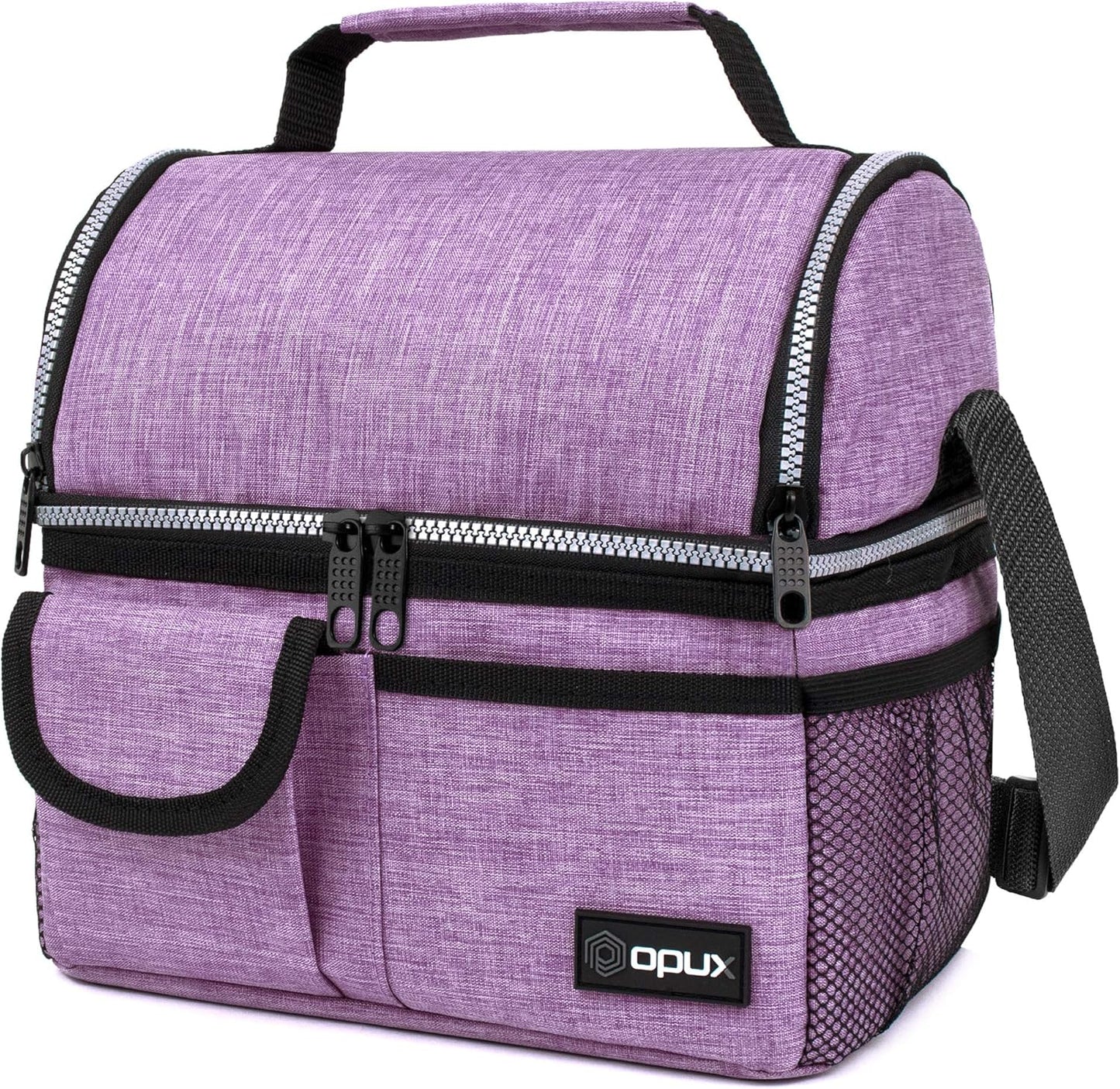 opux Insulated Lunch Bag Women Men, Dual Compartment Leakproof Lunch Box Adults Kids, Double Decker Meal Prep Bento Lunch Cooler Tote with Shoulder Strap for Work Office School Travel, Floral Purple