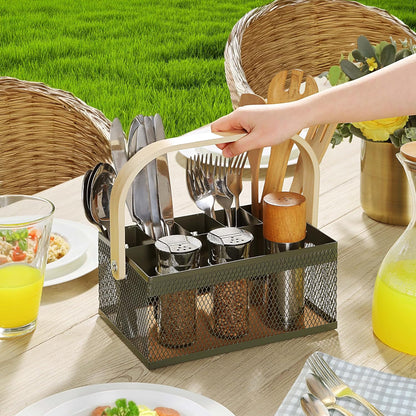 SunnyPoint Utensil Caddy with Plywood Handle – Metal Mesh Silverware & Cutlery Organizer for Kitchen, Picnic, Party, Restaurant & Events (BLUE)