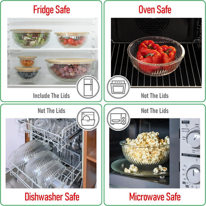 Set of 4 Stackable Space-Saving Nesting Glass Bowls with Airtight Acacia Lids for Lunch, Meal & Food Prep - Microwave & Oven-ready BPA Free Durable Heat Resistant Inert Borosilicate Glass