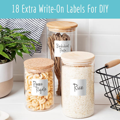 Hebayy 308 Pantry Food Labels, 280 Preprinted Flour Pasta Lentil Grain Condiment Oil Stickers, 28 Blank Ones, Waterproof Oil&Tear Resistant, No Residue for Kitchen Containers Jars(White on Black)