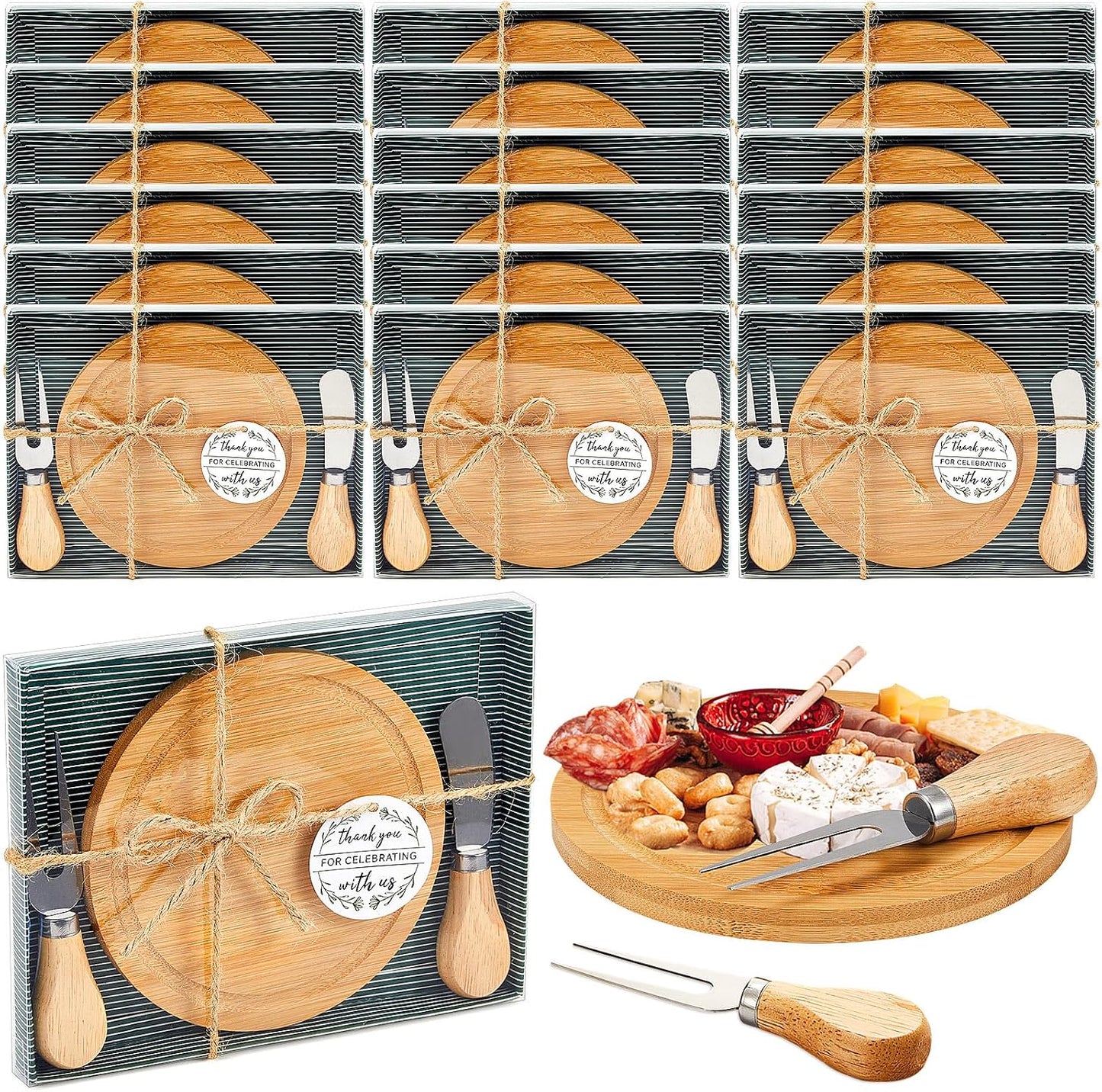 Maxcheck 6 Sets Baby Shower Bridal Game Prizes for Winners Round Cheese Board Set Wood Mini Charcuterie Board with Knives and Forks Thank You Card with Gift Box for Guests Wedding (Bamboo)