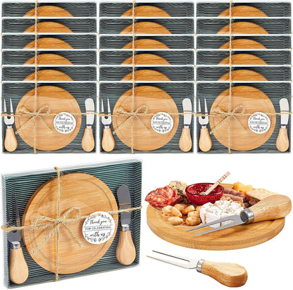 Maxcheck 6 Sets Baby Shower Bridal Game Prizes for Winners Round Cheese Board Set Wood Mini Charcuterie Board with Knives and Forks Thank You Card with Gift Box for Guests Wedding (Bamboo)