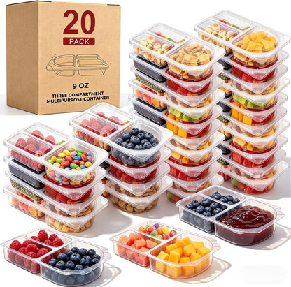 3 Compartment Snack Containers with Lids & 9oz Meal Prep Containers, Reusable Snack Pack Containers, BPA-Free Leakproof Small Food Storage, Perfect for Work, Travel & On-the-Go (10 Sets)