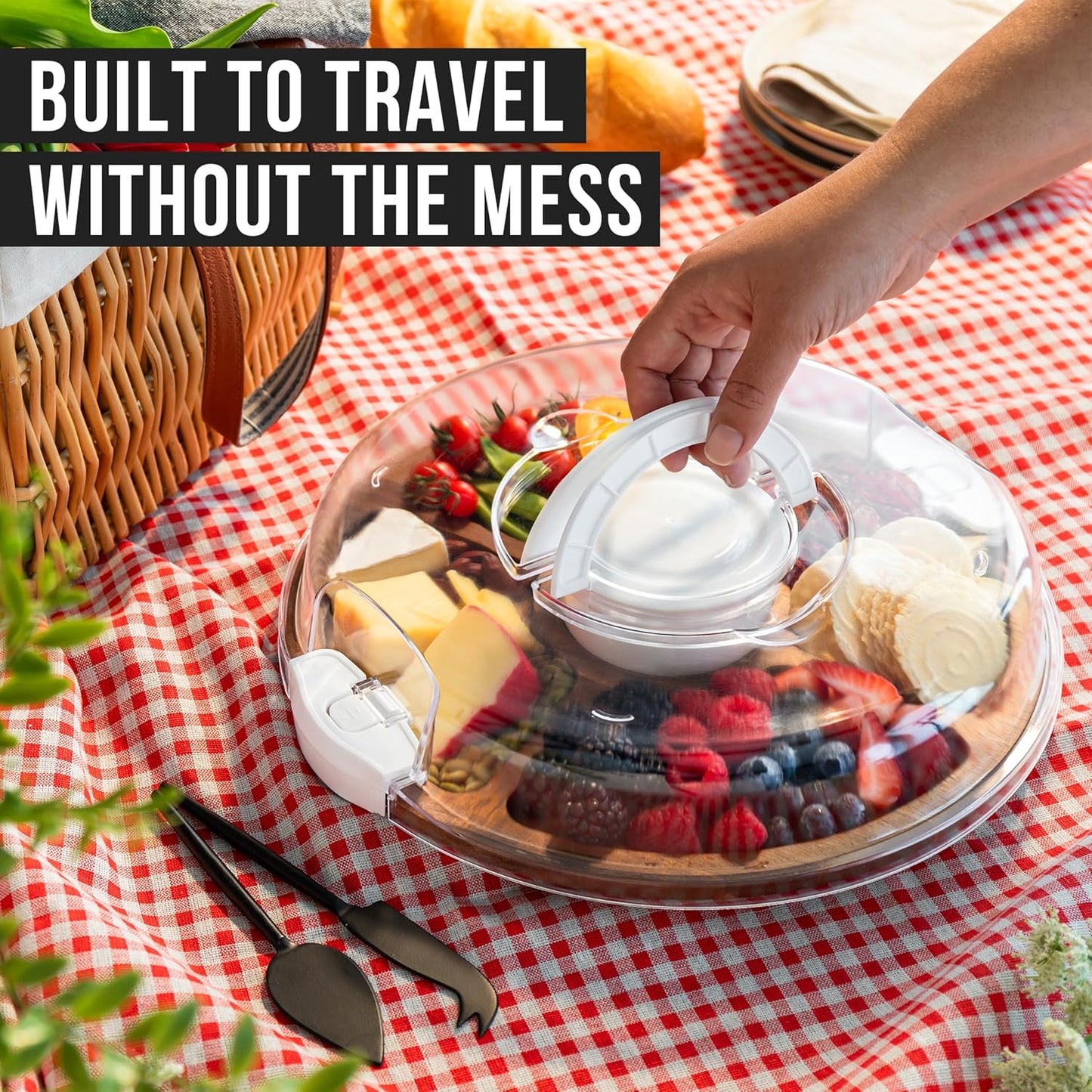 Chef Pomodoro Travel Charcuterie Board With Lid, Serving Tray, Portable, Covered Tray With Lid, Cheese Platter, Wood Grazing Board With 6 Compartments 14.4 X 11.4 in (36.7 X 29 cm)