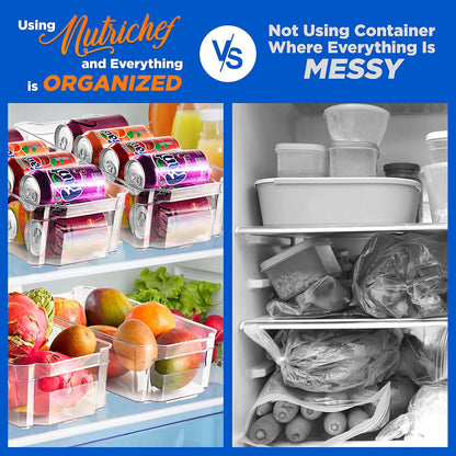 NutriChef Refrigerator Organizer Bins 6-Piece - Plastic Storage Bins with Egg Holder - For Fridge, Freezer, Kitchen, Cabinet, Countertops, Pantry - Stackable Food & Drink Containers, 14.5"x7" - Clear