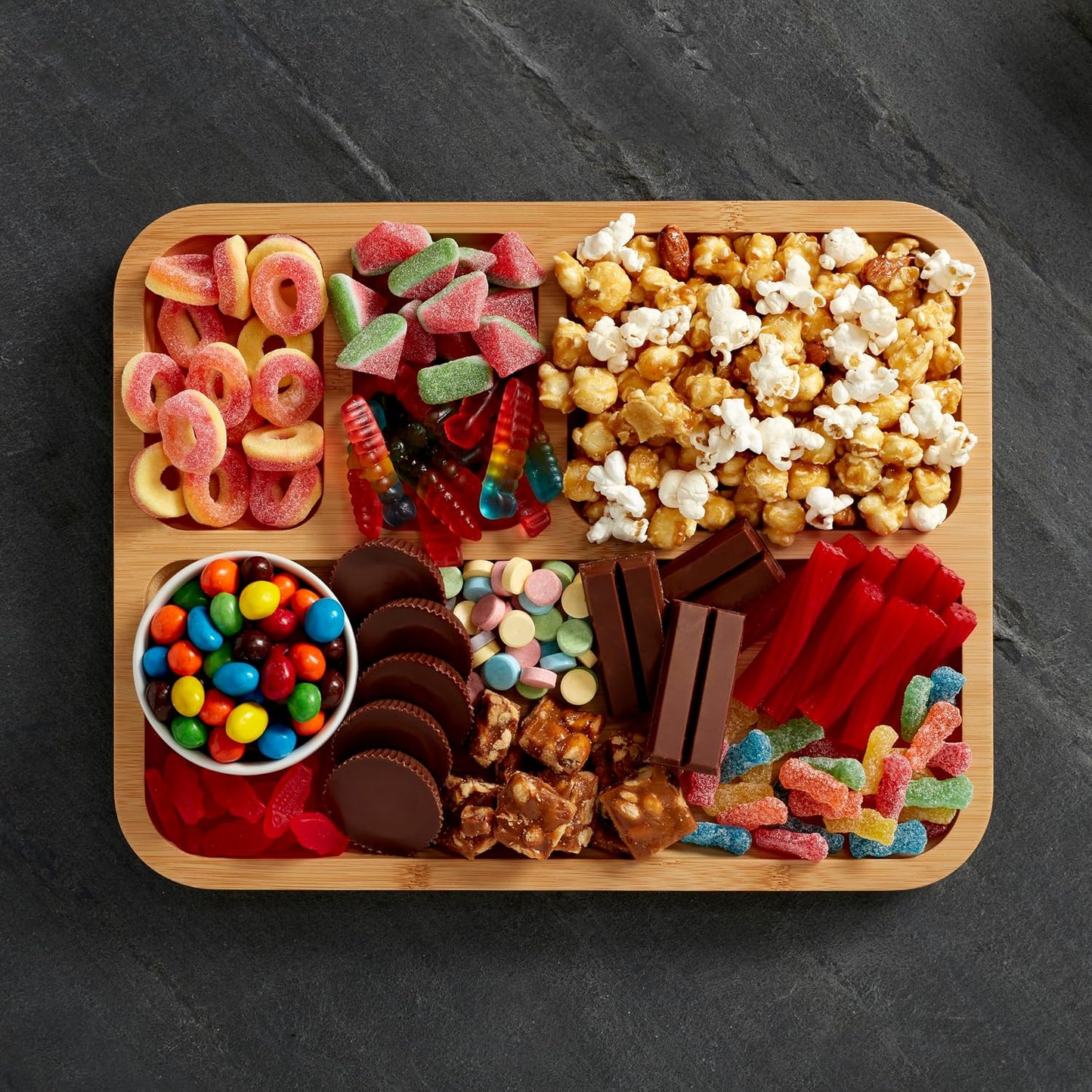 Farberware Build-A-Board Bamboo Cutting Board with Built-In Compartments & Clear Locking Lid, Black Handles, Charcuterie, Snack Tray, Food Prep and Serving Platter