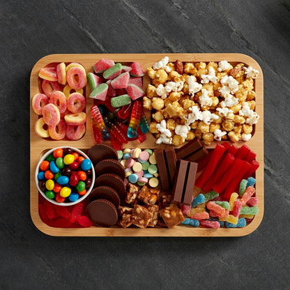 Farberware Build-A-Board Bamboo Cutting Board with Built-In Compartments & Clear Locking Lid, Black Handles, Charcuterie, Snack Tray, Food Prep and Serving Platter