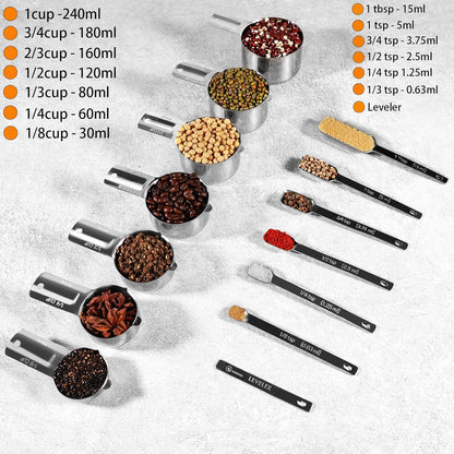 AIKEXIN 20 PCS Measuring Cups & Spoons Set, for Cooking & Baking Gadgets | 18/10 Stainless Steel, Metal Material | Nesting, Stackable Design | Dry & Liquid | Plastic | Leveler, Conversion Chart