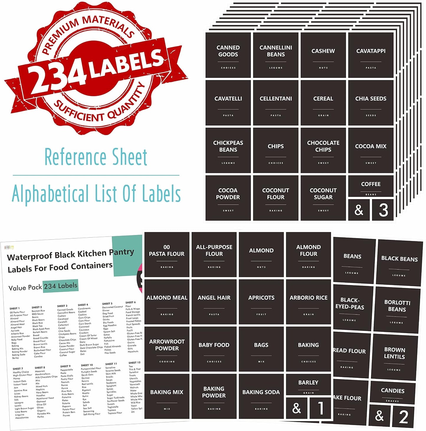 Hebayy 308 Pantry Food Labels, 280 Preprinted Flour Pasta Lentil Grain Condiment Oil Stickers, 28 Blank Ones, Waterproof Oil&Tear Resistant, No Residue for Kitchen Containers Jars(White on Black)