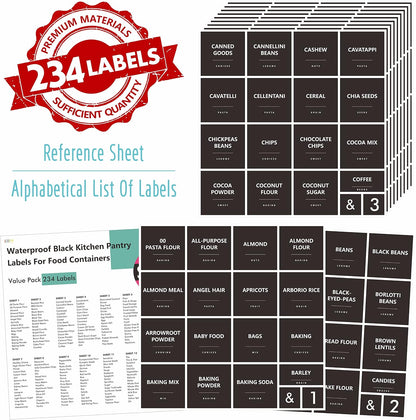Hebayy 308 Pantry Food Labels, 280 Preprinted Flour Pasta Lentil Grain Condiment Oil Stickers, 28 Blank Ones, Waterproof Oil&Tear Resistant, No Residue for Kitchen Containers Jars(White on Black)