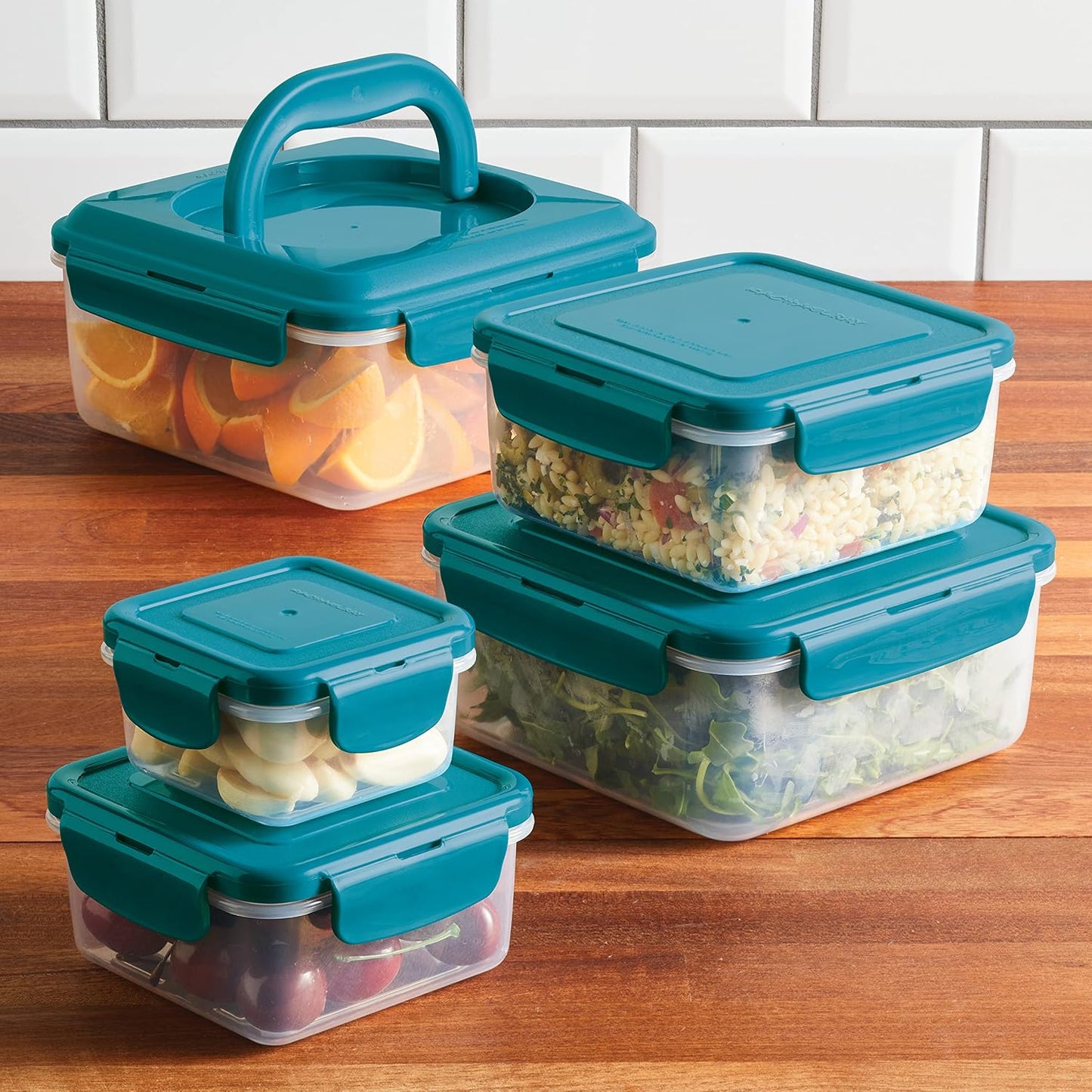 Rachael Ray Leak-Proof Nestable Container Food Storage Bin Set, 10-Piece, Clear with Teal Lids