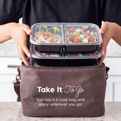 IRIS USA Meal Prep Containers, 36oz - 50 Pack (100-Piece) 3-Compartment Reusable Food Storage Containers with Lids, Plastic Kitchen Food Prep To Go Lunch Box, Microwave Freezer Dishwasher Safe, Black