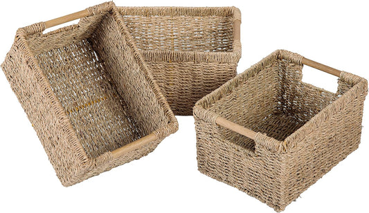 Natural Water Hyacinth storage basket with Handle, Rectangular Organizing Basket for Organizing, Decorative Wicker Storage Bins for Living Room, Medium Wicker Baskets - 3 Pack Medium