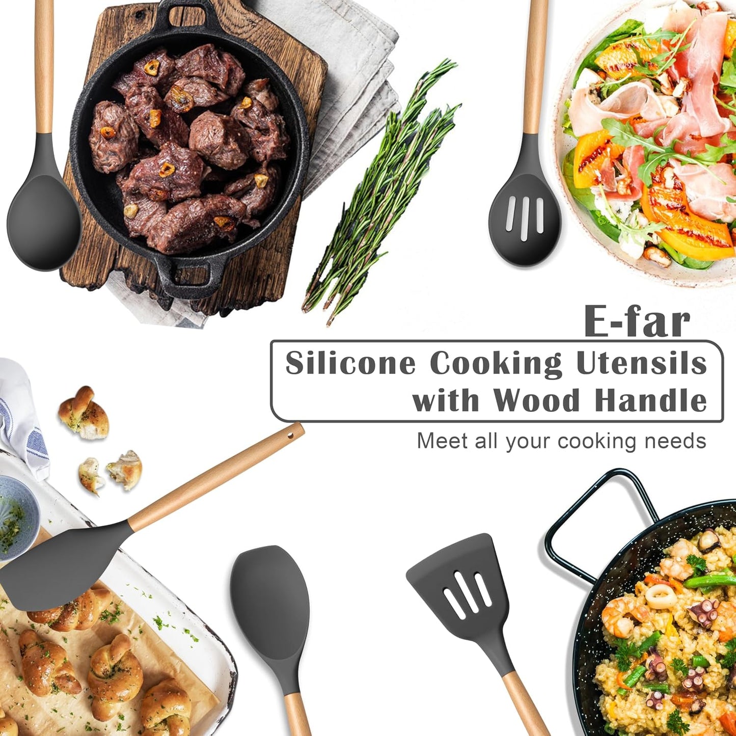 E-far Silicone Cooking Utensils Set, 5-Piece Kitchen Utensils Set with Wooden Handle for Cooking, Silicone Kitchen Nonstick Tools Spatula Turner Slotted Spoons, Nontoxic & Heat Resistant-Khaki