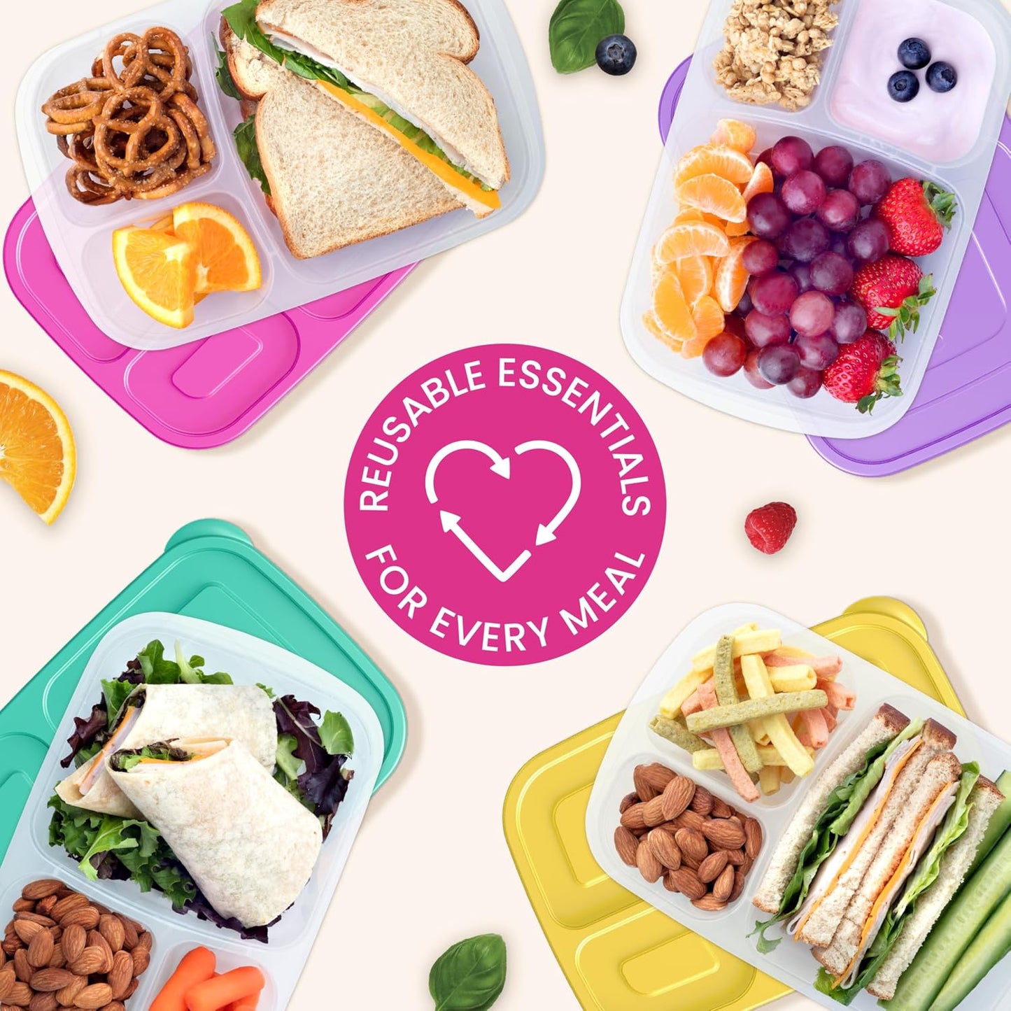 Bentgo Easyboxes - Original Stackable Lunch Boxes - Reusable 3-Compartment Food Containers for Kids and Adults - Bento Lunch Box for Meal Prep, School, & Work - BPA Free, Set of 4 (Earth Tones)