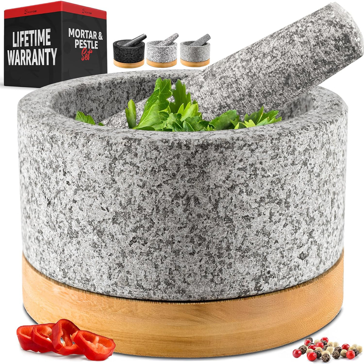 PriorityChef Heavy Duty Mortar and Pestle Set with Bamboo Base, 100% Natural Granite Stone Grinder, Guacamole Bowl and Masher, 1.5 Cups, Black