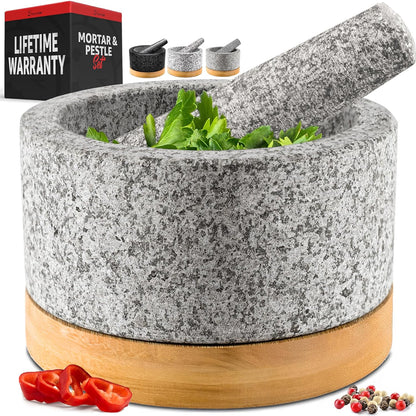 PriorityChef Heavy Duty Mortar and Pestle Set with Bamboo Base, 100% Natural Granite Stone Grinder, Guacamole Bowl and Masher, 1.5 Cups, Black