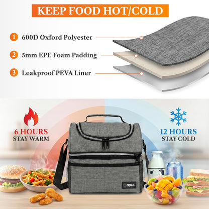 opux Insulated Lunch Bag for Men Women, Double Decker Leakproof Lunch Box Cooler Tote with Shoulder Strap, Large Lunchbox for Work School Travel Meal Prep, Adults Kids Boys Girls, Green, 16 Cans