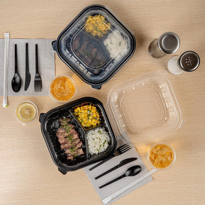 Thermo Tek 40 Ounce Clamshell Containers, 50 Disposable Take Out Boxes - 3 Compartments, Ventilated Lids, Black Plastic Meal Prep Containers, Microwavable, For Pasta Or Salads - Restaurantware