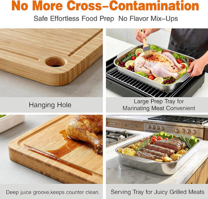 Grilling Prep and Serve Trays,Stainless Steel Large Capacity Food Prep Trays, Grill Carry System with Lid and Cutting Board, Marinade Container for Outdoor BBQ Grill Accessories, Camping Gifts for Men