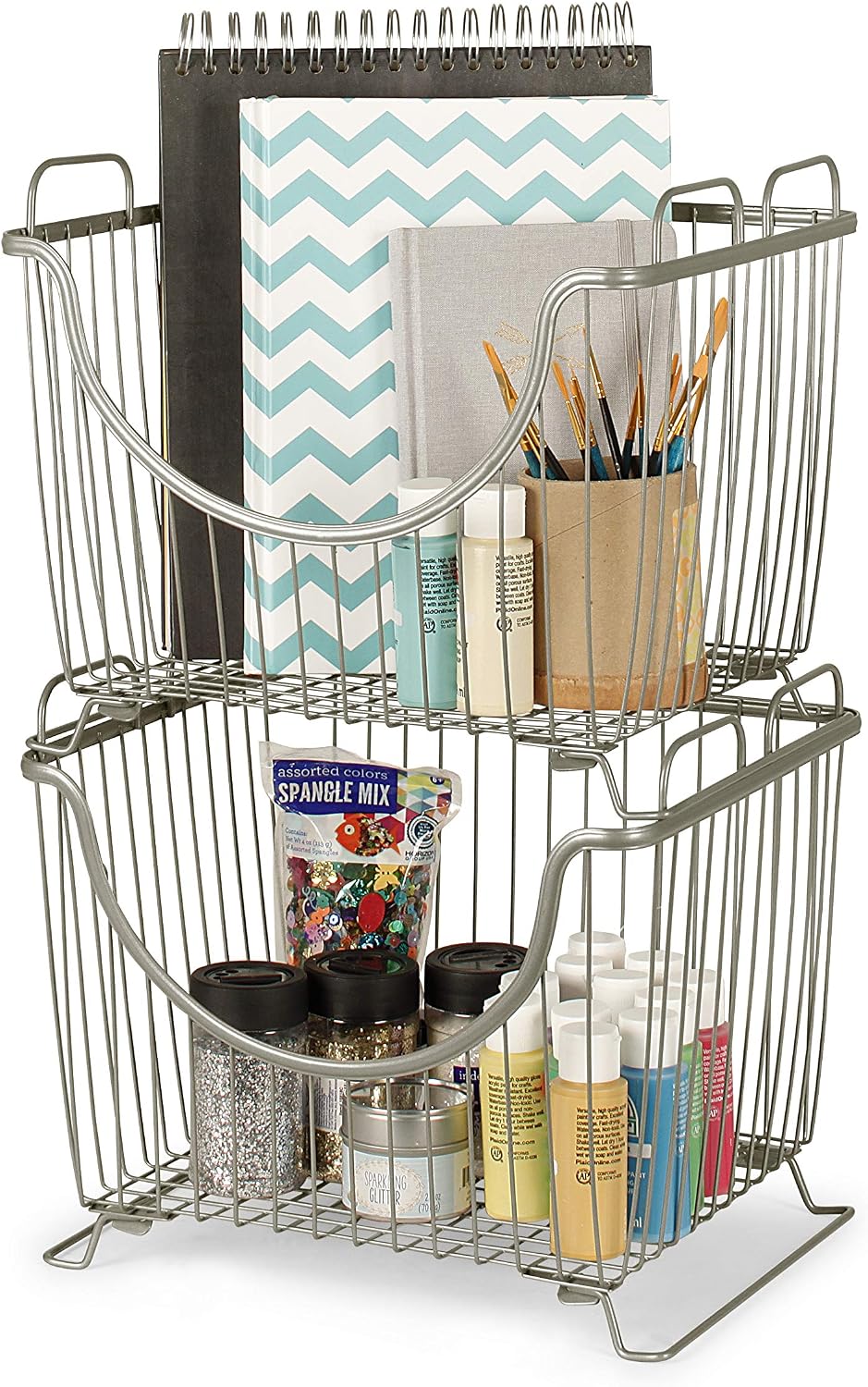 Spectrum Ashley Small Stackable Wire Baskets for Pantry & Kitchen Counter Organizer, Stacking Fruit Basket Wire Bin with Raised Feet & Handles for Vegetable Fruit Potato Onion Storage, Satin Nickel