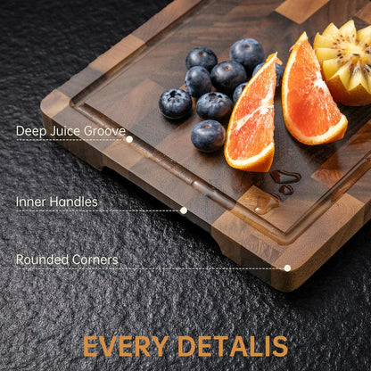 THETCHRY Walnut Wood Cutting Board Set, End Grain Cutting Boards for Kitchen with Handle, Non Toxic Wooden Charcuterie Boards Double Sided, Butcher Block for Meal Prep & Serving with Gift Box
