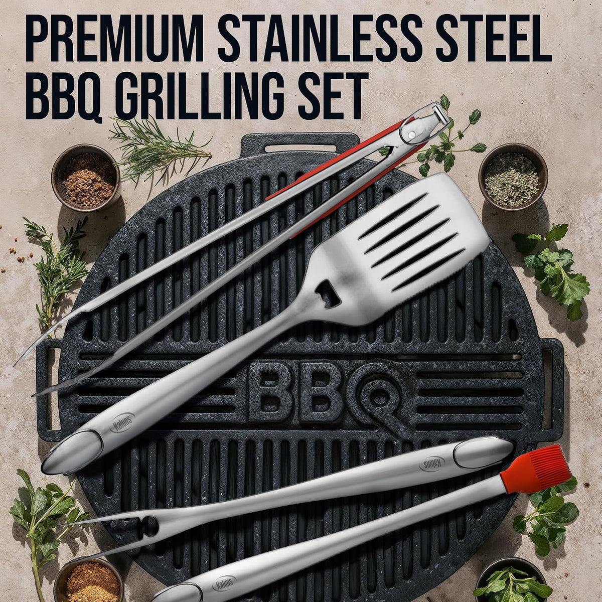 Kaluns BBQ Grilling Accessories, Grilling Gifts for Men Dad, Grill Tools for Outdoor Grill, Heavy Duty Stainless Steel Grill Set with Spatula, Tongs, Fork, Brush, & Grilling Mat, Best BBQ Gifts
