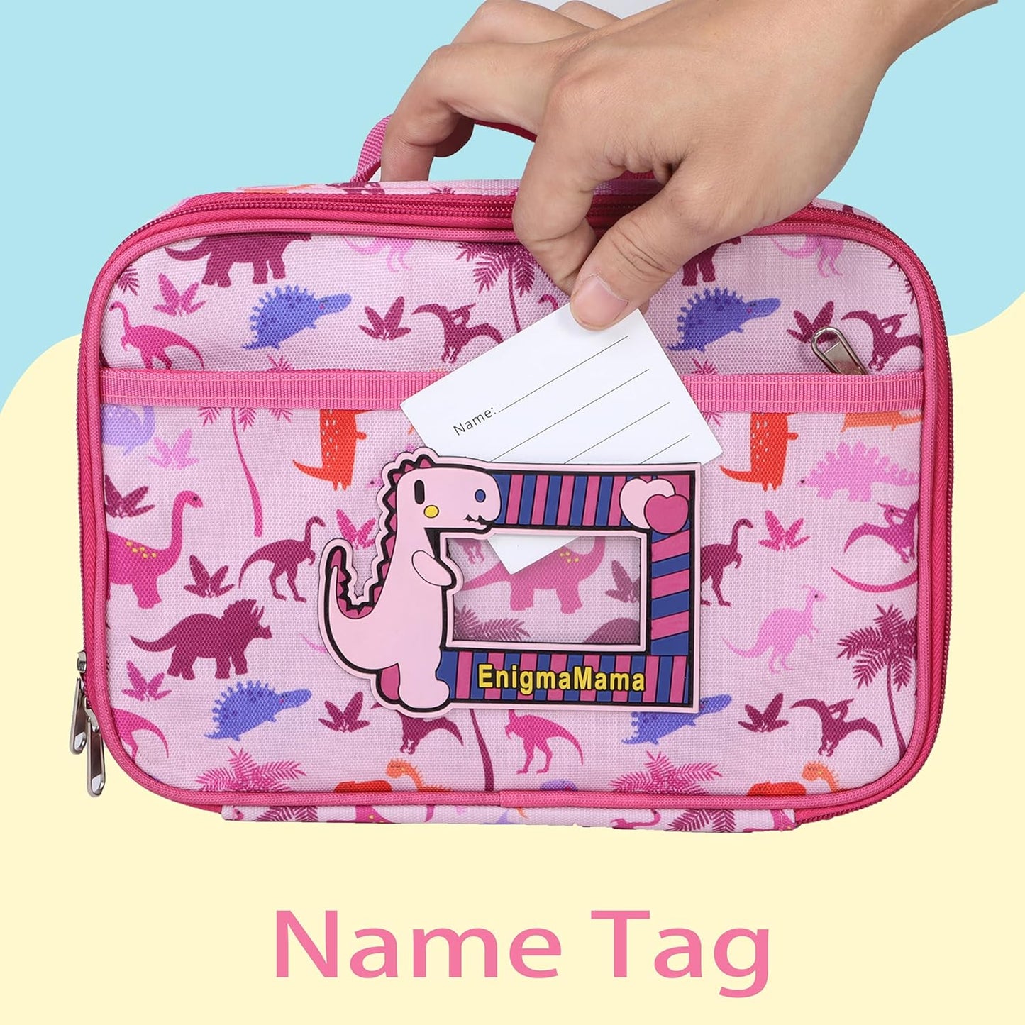 Kids Dinosaur Lunch Bag with Reusable Bento Box, Insulated & Leak-Proof Lunch Container Set with Name Tag, 6 Compartments, Fork & Spoon, Ideal for School, Travel, and Picnics (Pink Dinosaur)