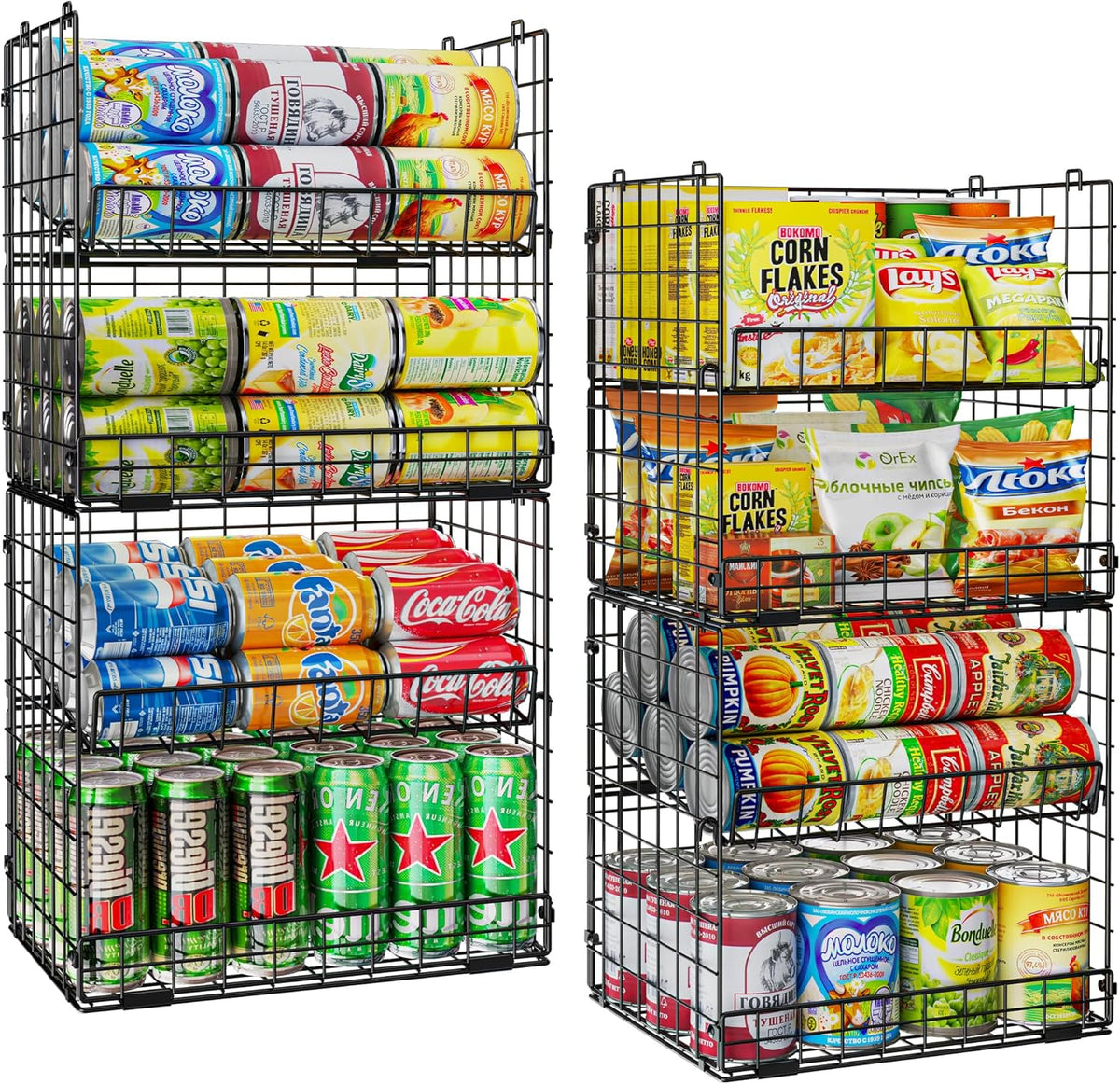 JKsmart 8-Tier Stackable Wire Basket, Can Organizer for Pantry Kitchen, XXL Metal Storage Shelves with Dividers & Handles, Easy Assembly Space Saving Storage Bins for Snacks Fruits Veggies