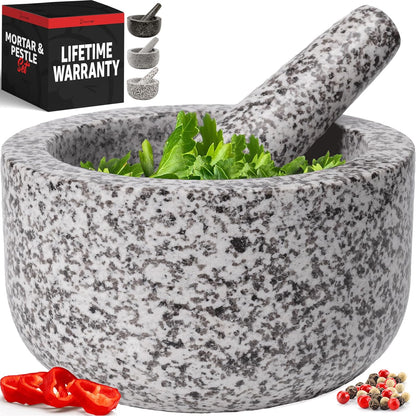 Priority Chef Heavy Duty Large 1.5 Cup Mortar and Pestle Set, 100% Natural Granite, 5.5 Inch Diameter Bowl, 6.2 Inch Pestle, Non-Slip Base, Stone Grinder for Guacamole Salsa Pesto Herbs Spices, Black