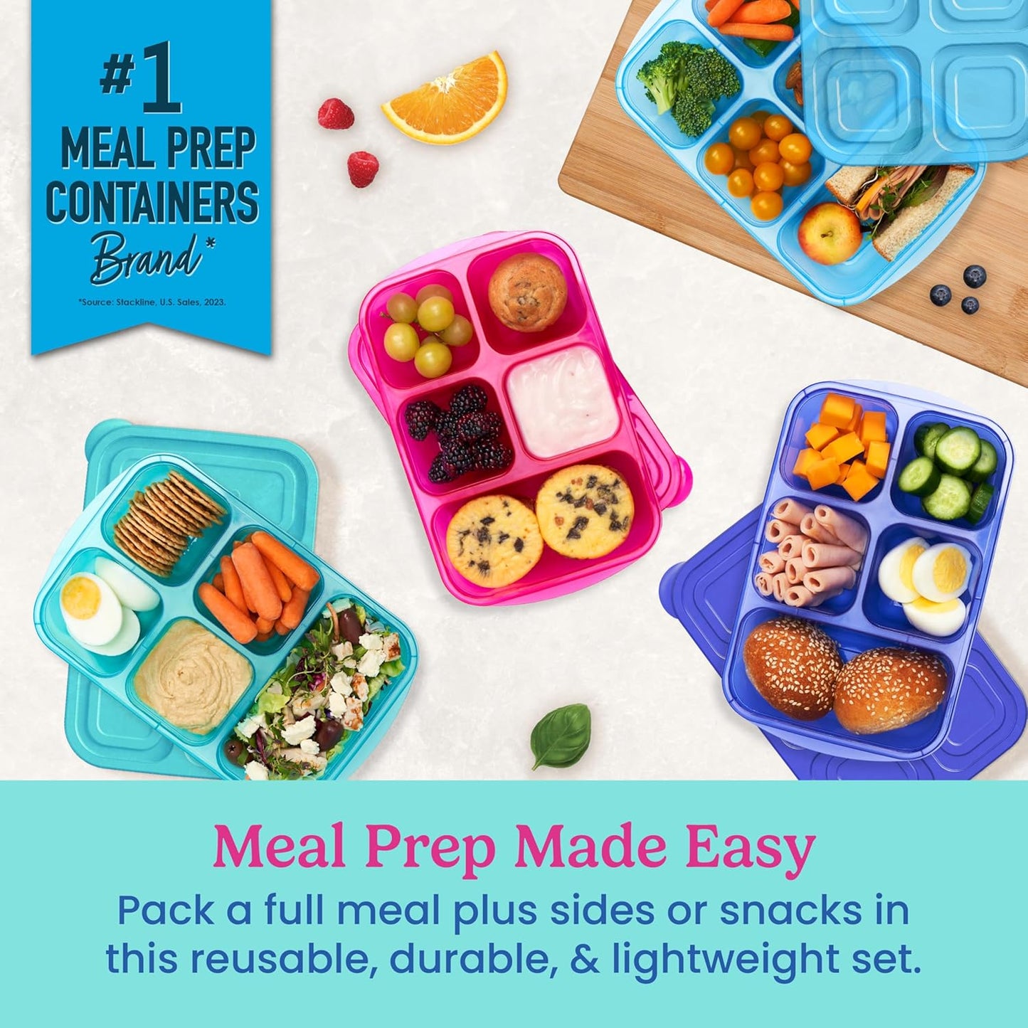 Bentgo Easyboxes - Reusable 5-Compartment Food Containers, Stackable 8-Piece Set, 4 Trays & 4 Lids, BPA-Free Food Storage for Meal Prep, School, & Work; Lunch Boxes with Patented Design (Classic)