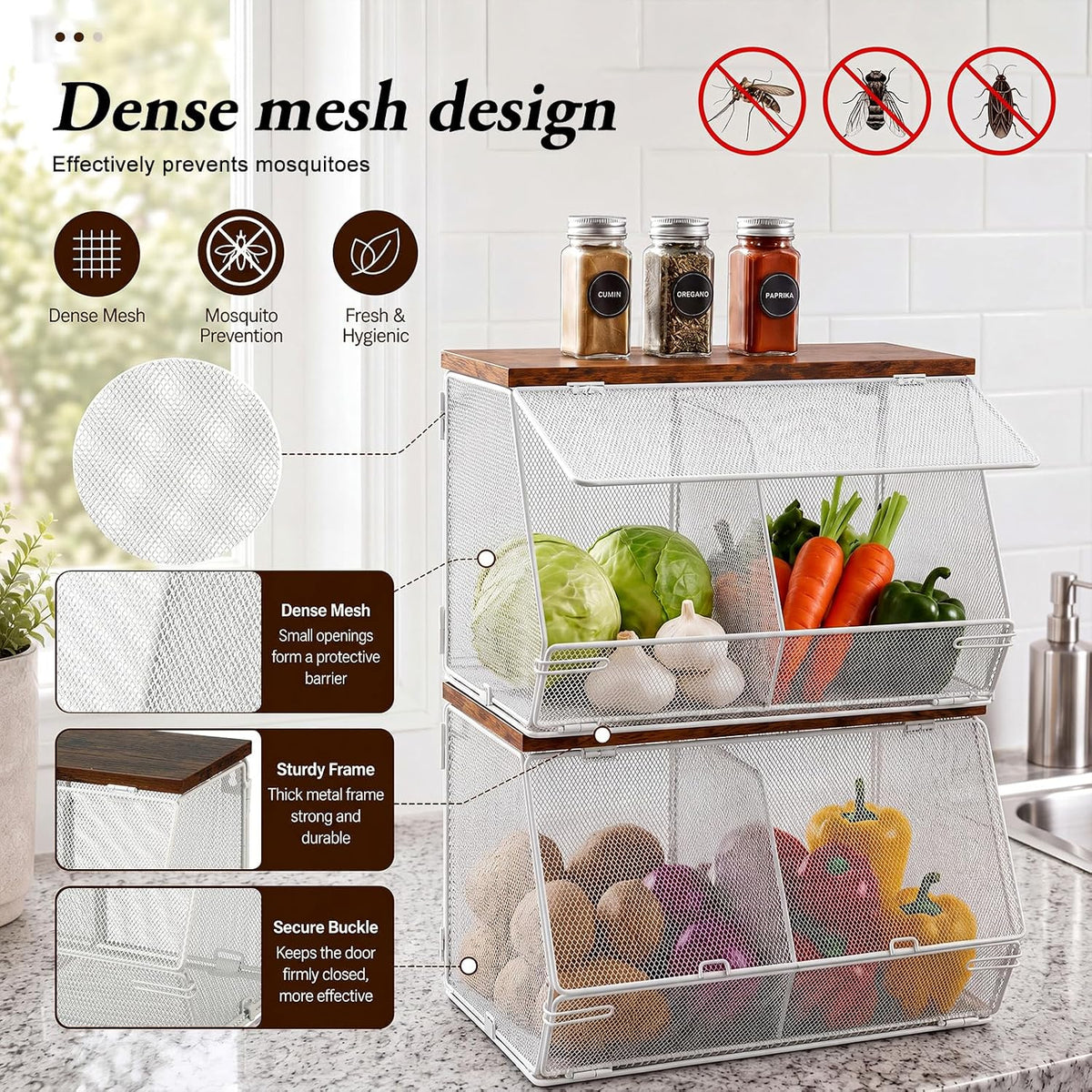 Teenyyou 2 Pcs Stackable Mesh Fruit Basket with Lid Wall Produce Vegetable Storage Basket Onion Potato Hanging Metal Wire Container for Kitchen Counter Pantry(Non-removable,Black,8.3" w & 13.8" l)
