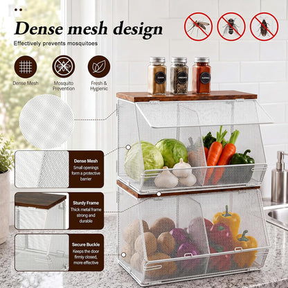 Teenyyou 2 Pcs Stackable Mesh Fruit Basket with Lid Wall Produce Vegetable Storage Basket Onion Potato Hanging Metal Wire Container for Kitchen Counter Pantry(Non-removable,Black,8.3" w & 13.8" l)