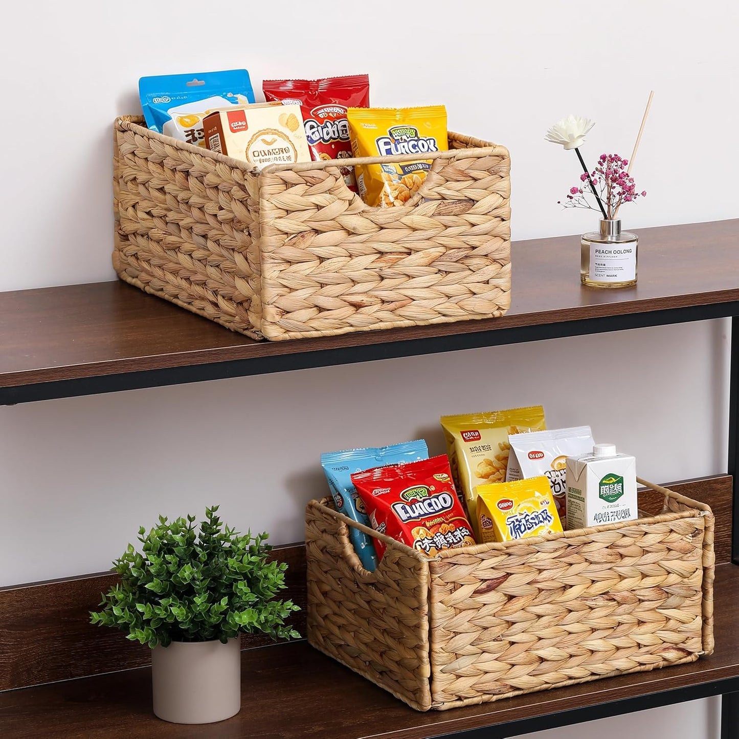 Water Hyacinth Pantry Baskets Set of 4, 12.5 x 9.5 x 6in Hanging Wicker Storage Baskets for Shelves, Pantry Baskets, Bathroom Shelves Storage Basket