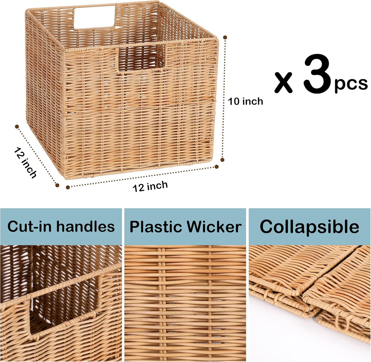 12x12x10in Water Hyacinth Storage Basket Large, Folding Cube Woven Wicker Storage Basket for Shelves, Pantry Baskets Organization and Storage, Kitchen Storage Baskets, Large Rattan Basket Set of 3
