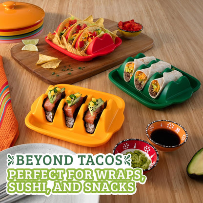 Taco Shell Holder (3 Pack), Silicone Taco Holder for 3 Tacos, Reusable Plates with Dividers, Flexible Soft Tray, Dishwasher & Microwave Safe