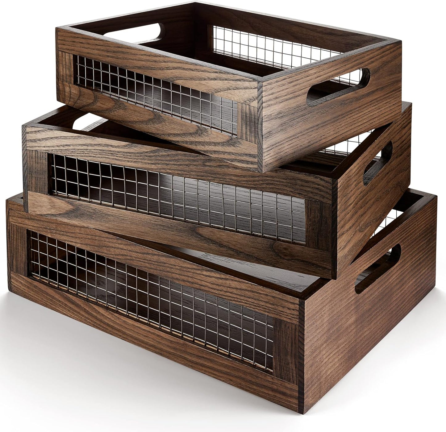Set of 3 Wooden Nesting Countertop Baskets, Rustic Wood Storage Crates with Handles for Kitchen, Pantry, Bathroom, Fruit, Vegetables, Bread