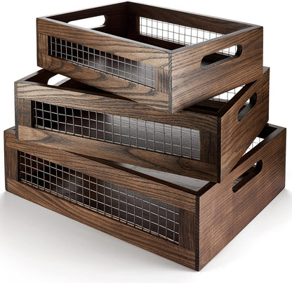 Set of 3 Wooden Nesting Countertop Baskets, Rustic Wood Storage Crates with Handles for Kitchen, Pantry, Bathroom, Fruit, Vegetables, Bread