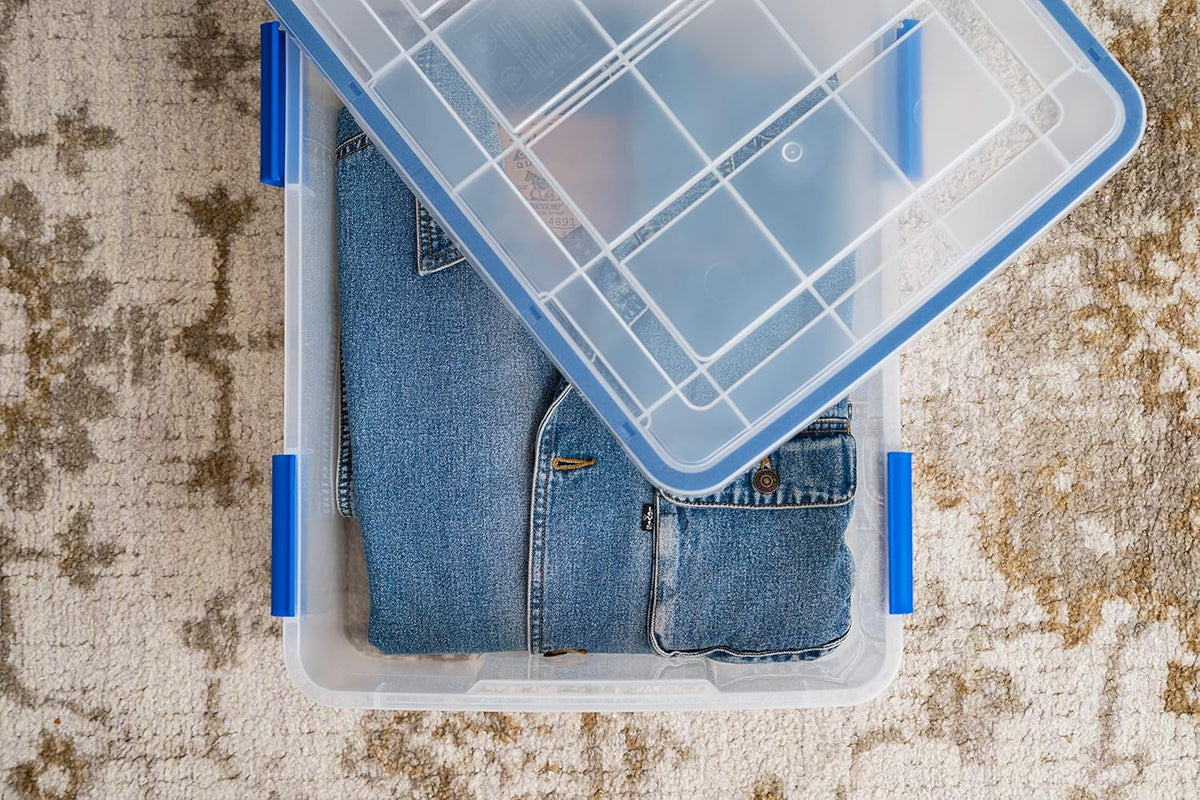 IRIS USA WeatherPro 16 Qt Storage Bins with Lids, 3 Pack, BPA-Free Plastic Gasket Box with Tight Latch and Seal, Stackable Nestable Tote Tub - Clear/Blue