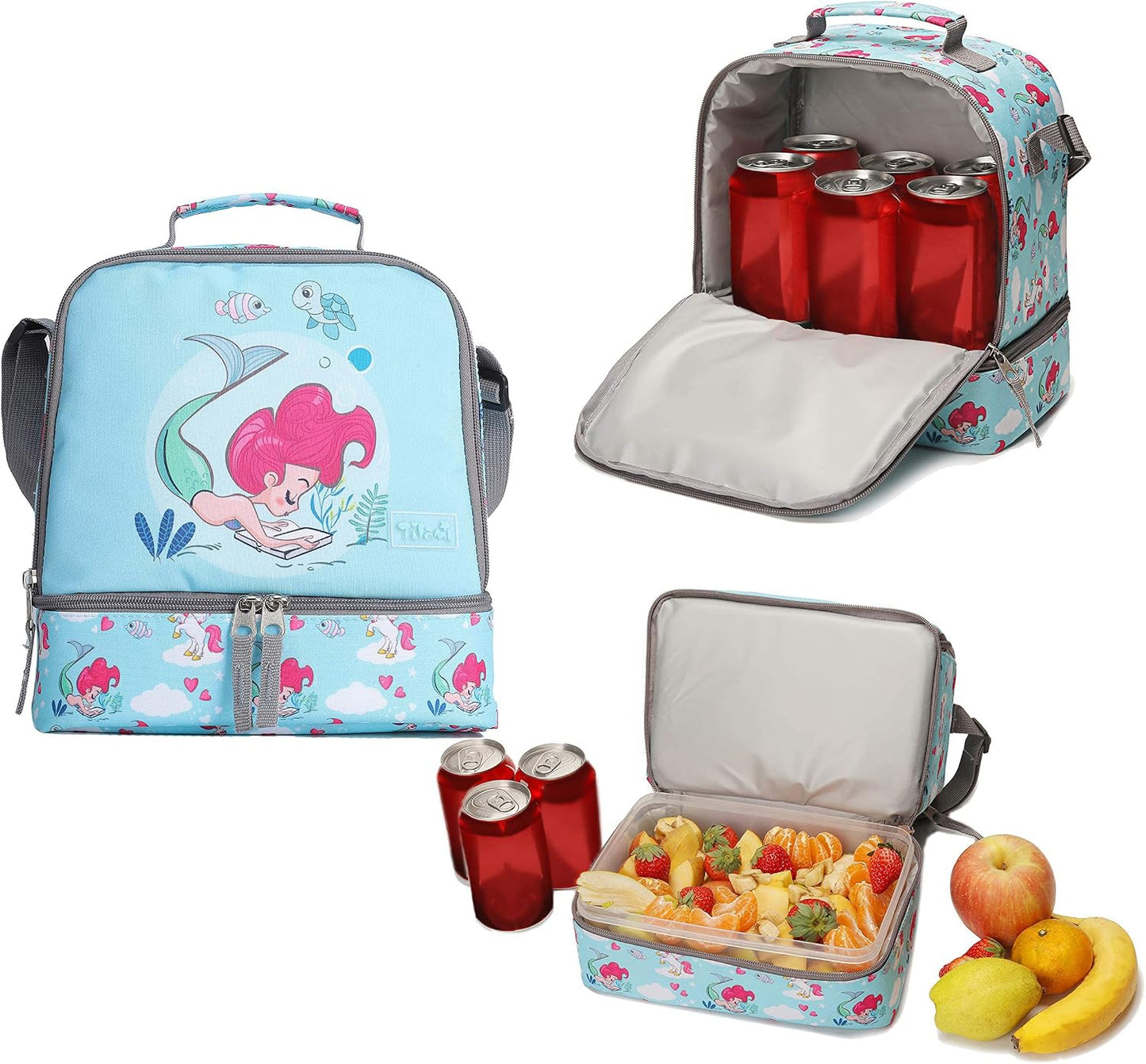 Tilami Lunch Bags Insulated Adjustable Strap Zipper, Two Compartments Cooler Bags, Bento Bags for Kids Toddlers (Blue)