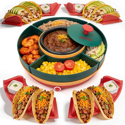 SugarWhisk Lazy Susan Taco Bar & Condiment Containers with Lids, 4 Taco Holders for Taco Tuesday Kit, Fondue Pot for Taco Bell Sauce, Burritos, Nachos, and Fajitas, Brown