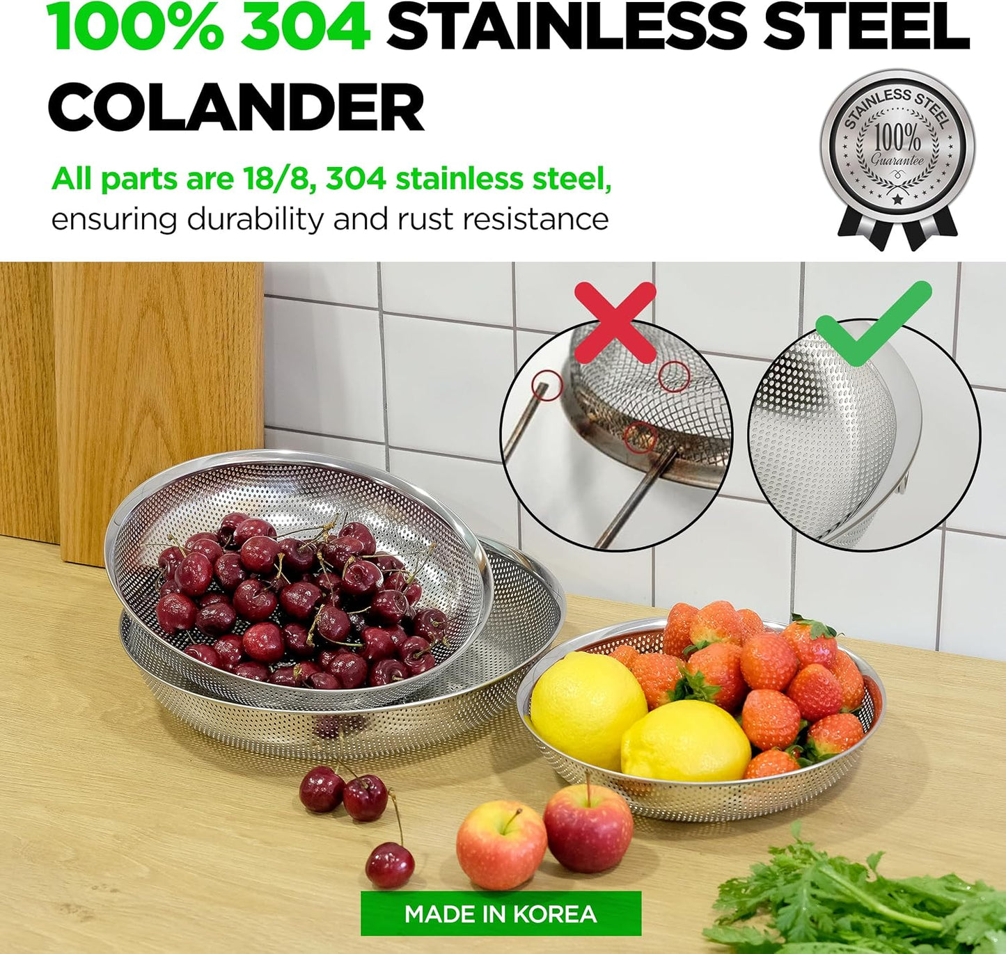 Premium 18/8 304 Stainless Steel Micro-Perforated Small and Big Colander Set of 4 with rings - 3.5-5.5-7.5-9.5 Quart Set, Self-Draining Solid Base for Pasta, Fruits, Vegetables