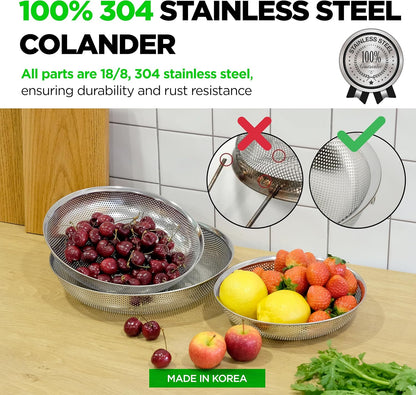 Premium 18/8 304 Stainless Steel Micro-Perforated Small and Big Colander Set of 4 with rings - 3.5-5.5-7.5-9.5 Quart Set, Self-Draining Solid Base for Pasta, Fruits, Vegetables