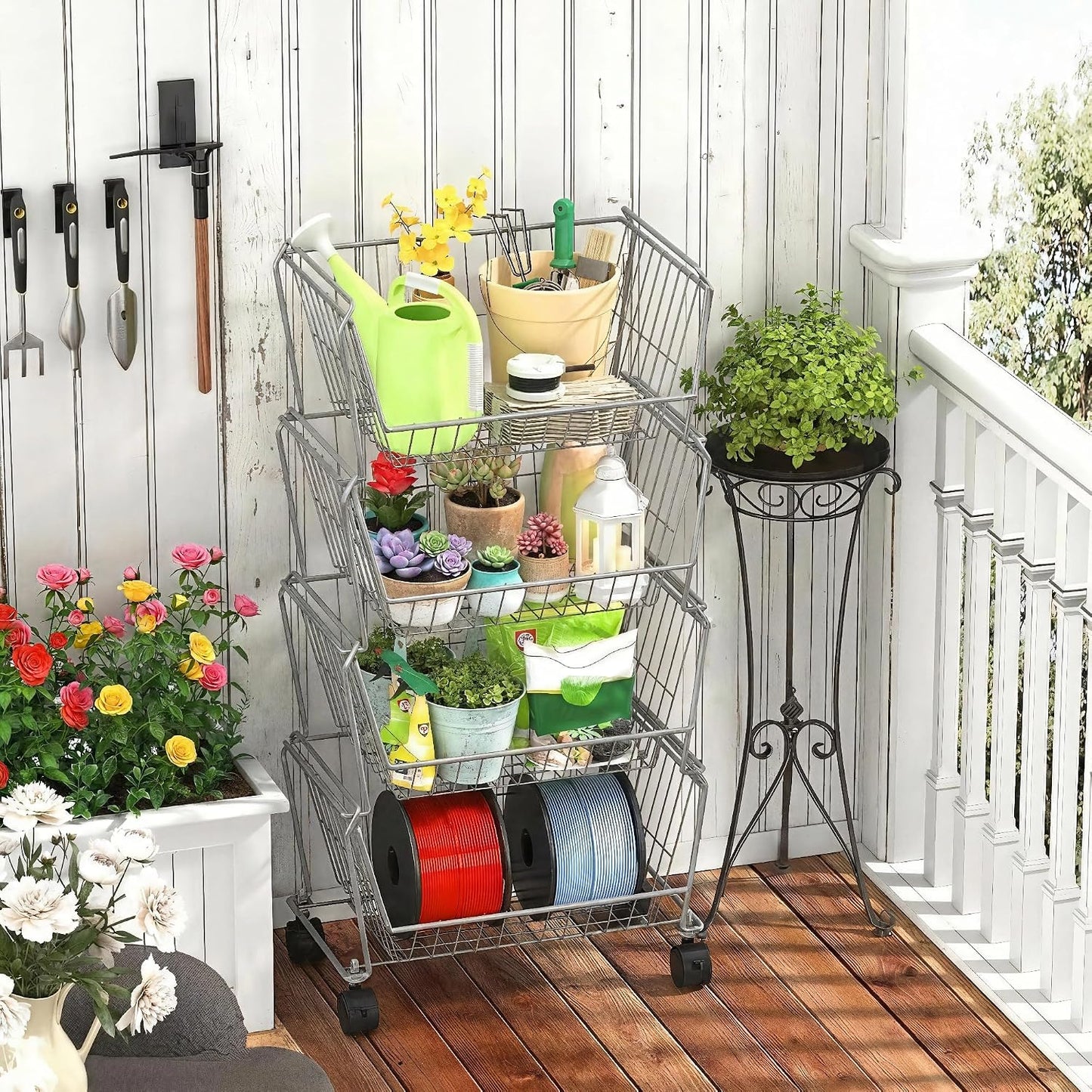 PUSDON 4-Tier Spacious Stackable Wire Storage Baskets with Wheels, Metal Rolling Utility Cart Organizer, Fruit and Vegetable Produce Basket for Kitchen Pantry, Everyday Bathroom Shelf, Silver Grey