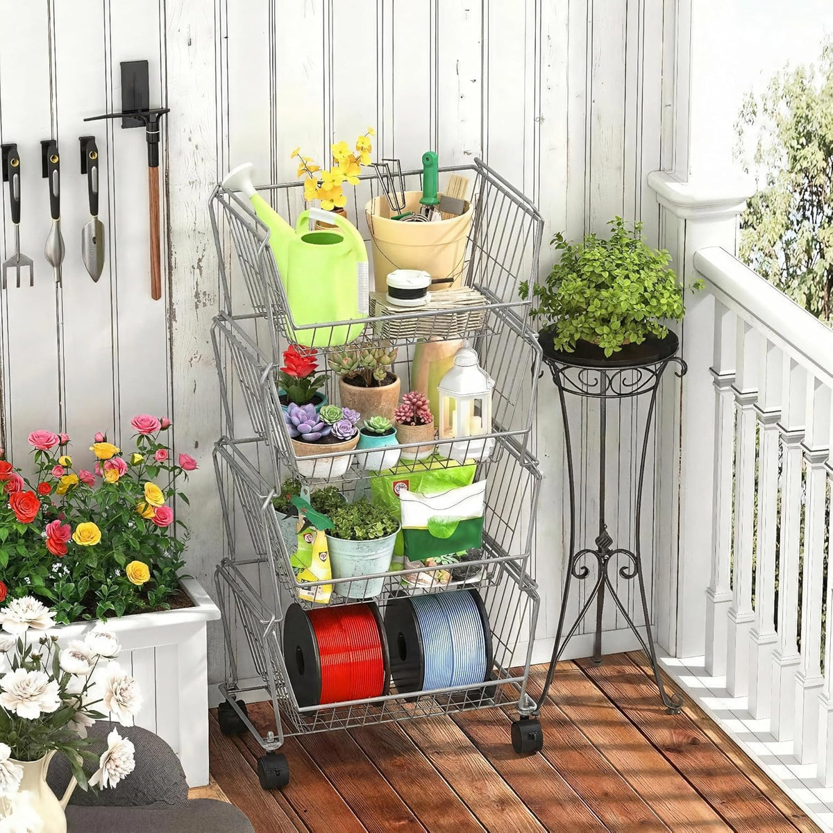 PUSDON 4-Tier Spacious Stackable Wire Storage Baskets with Wheels, Metal Rolling Utility Cart Organizer, Fruit and Vegetable Produce Basket for Kitchen Pantry, Everyday Bathroom Shelf, Silver Grey