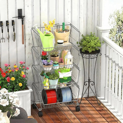 PUSDON 4-Tier Spacious Stackable Wire Storage Baskets with Wheels, Metal Rolling Utility Cart Organizer, Fruit and Vegetable Produce Basket for Kitchen Pantry, Everyday Bathroom Shelf, Silver Grey