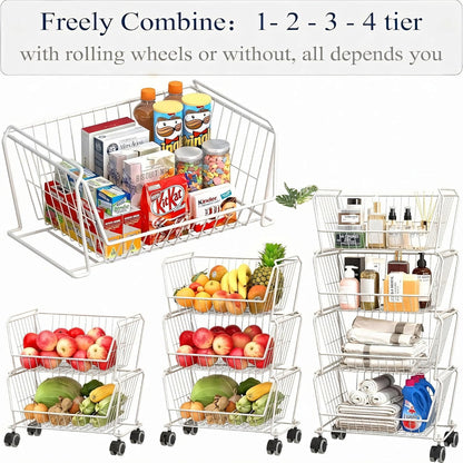 PUSDON 4-Tier Spacious Stackable Wire Storage Baskets with Wheels, Metal Rolling Utility Cart Organizer, Fruit and Vegetable Produce Basket for Kitchen Pantry, Everyday Bathroom Shelf, Silver Grey