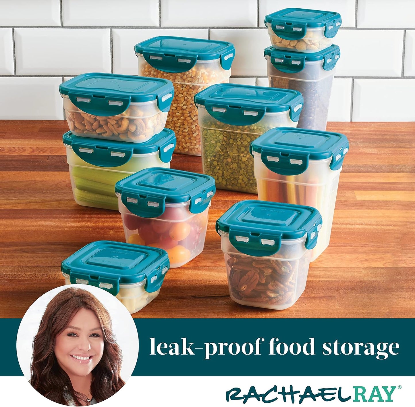 Rachael Ray Leak-Proof Nestable Container Food Storage Bin Set, 10-Piece, Clear with Teal Lids